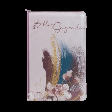 Bíblia NVI com zíper, Capa luxo rosa com acabamento em glitter, Letras de Jesus em vermelho, Leitura Perfeita