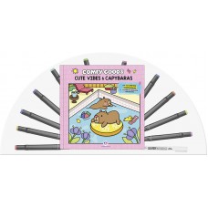 Cute vibes and capybaras - Livro para colorir com 12 canetinhas